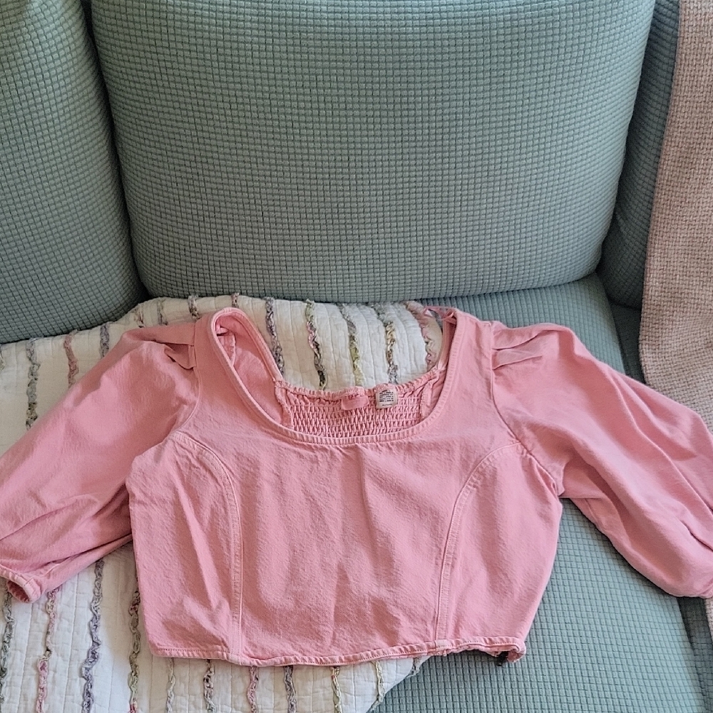 Levis Women Pink Denim Crop Top Puff Sleeves